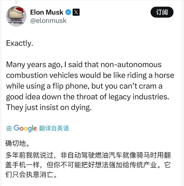 Musk's latest assertion: Non-autonomous gasoline-powered cars will eventually disappear.