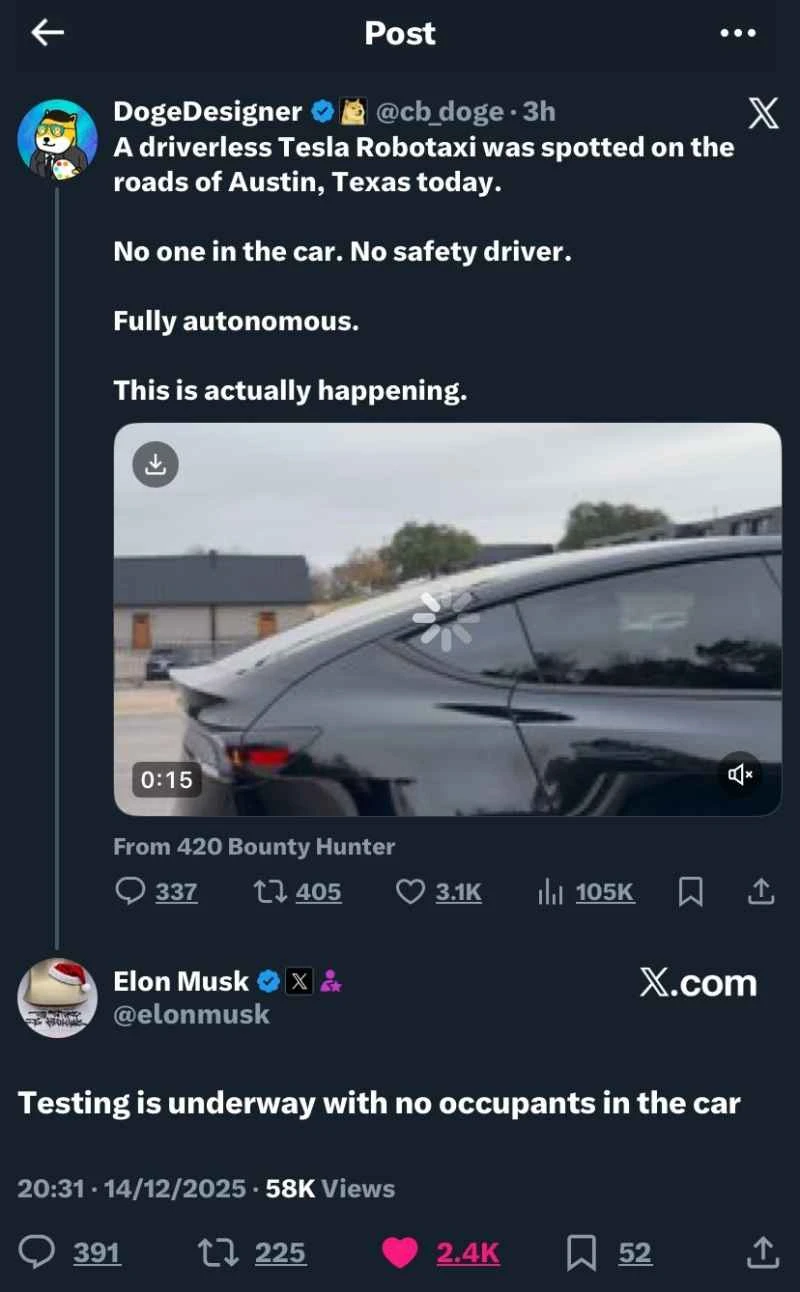 True driverless technology is here! Musk: Tesla begins Robotaxi road tests without safety drivers.