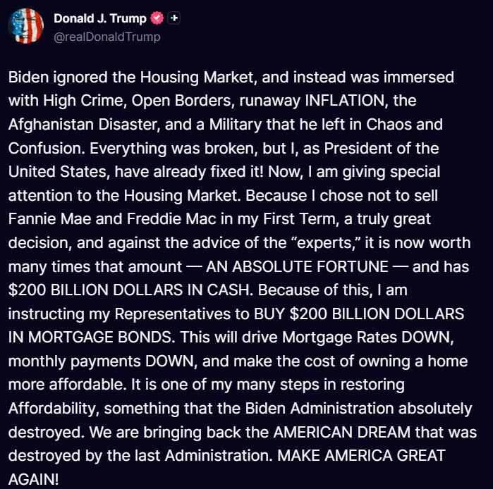 "Trump's version of QE"? Trump orders Fannie Mae and Freddie Mac to enter the market: buy $200 billion in bonds.