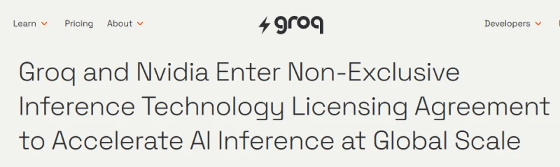 Chip startup Groq and Nvidia officially announced a technology licensing agreement, emphasizing that it is a "non-acquisition partnership."