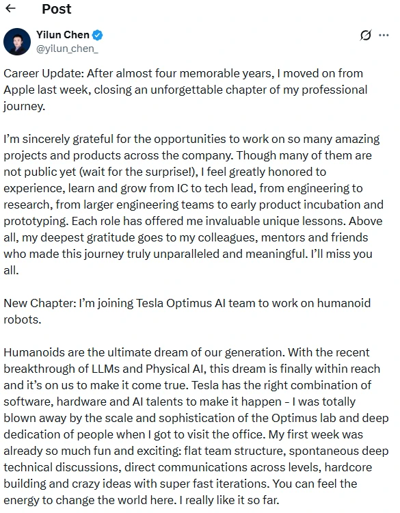 Another Apple veteran has jumped ship! He claims Tesla's Optimus project is amazing.