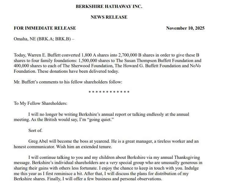 Warren Buffett's shareholder letter: "Returning to calm," reiterating the American Dream and supporting Abel.