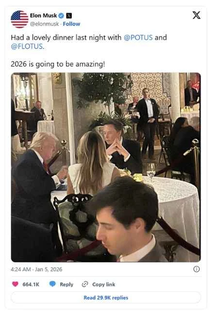 Are Trump and Musk reconciling? Trump and Musk dined together after the US raid on Venezuela.