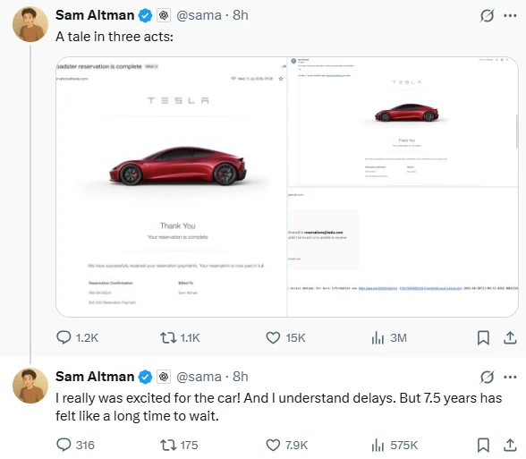 Altman protests on Tesla, demanding a refund of his 2018 Roadster deposit.